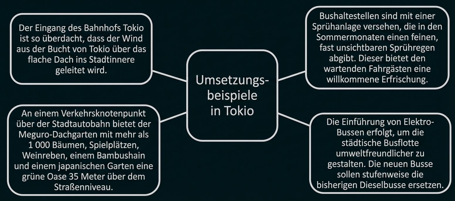 Diagramm: Umsetzungsbeispiele in Tokio mit vier Bereichen zu Bahnhof, Dachgarten, Elektrobusse und Sprühanlage